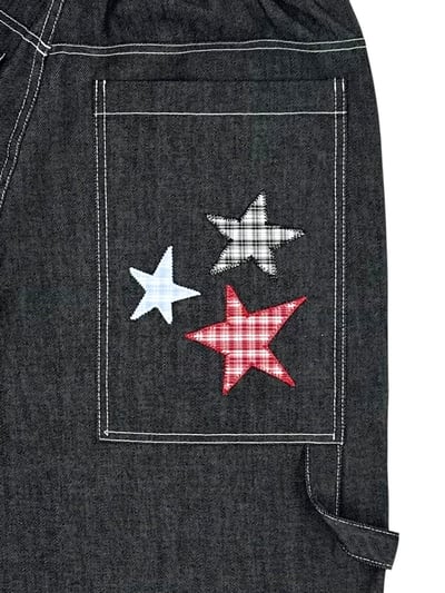 可愛街頭 星星 格紋刺繡 牛仔 7分短褲 - 1C13