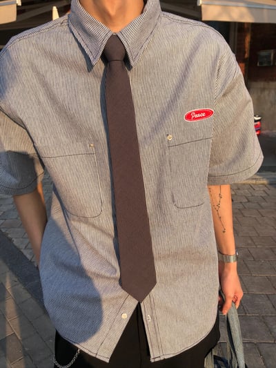 Peace 極簡主義 細條紋 短袖 牛仔襯衫 (set - up) - 2C12