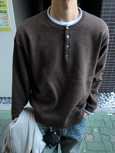 層疊配色 亨利領 寬鬆 毛衣 - 4C8