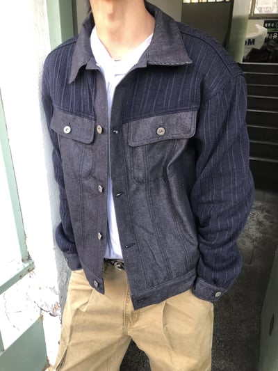 獨特肩部針織 牛仔 微短版 機車夾克 - 2C2