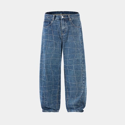 Baggy 牛津街頭 水波格紋 牛仔寬褲 - 1C23