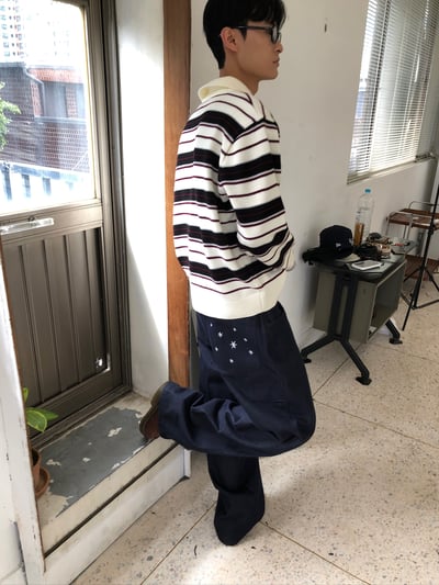 秋冬高檔 撞色條紋 立挺 短版 開領針織 長袖 - 3C4