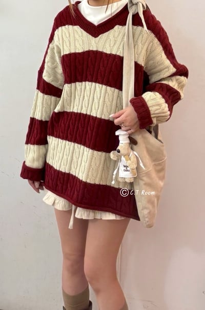 V領麻花長板針織上衣1