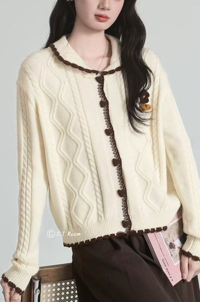 滾邊愛心釦麻花毛衣1