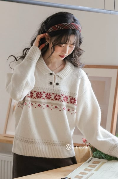 雙釦翻領雪花針織毛衣1