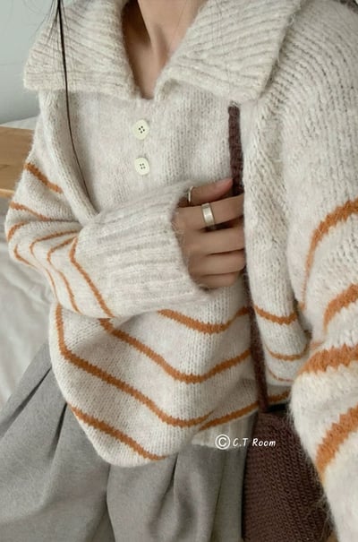 翻領釦子南瓜橘條紋毛衣2