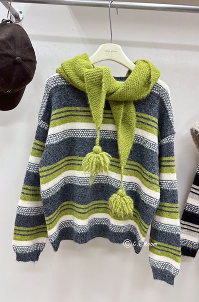 附披肩復古條紋針織毛衣4