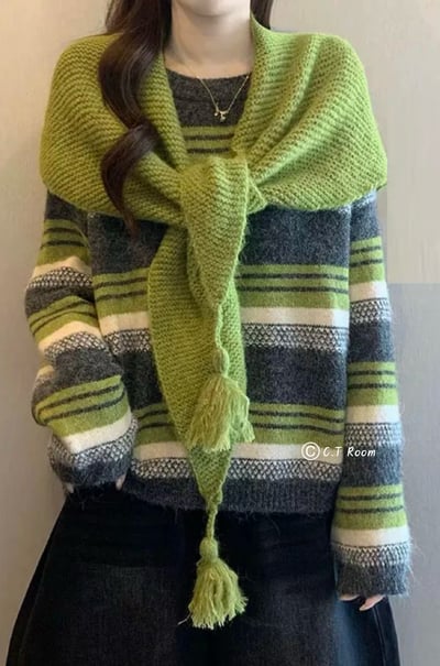 附披肩復古條紋針織毛衣2
