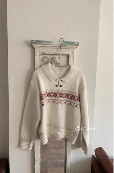 雙釦翻領雪花針織毛衣3