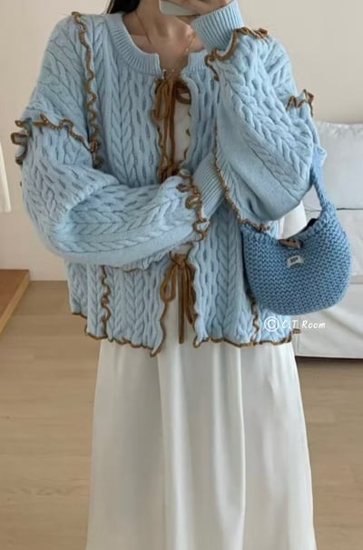 日系撞色捲邊綁帶針織毛衣2