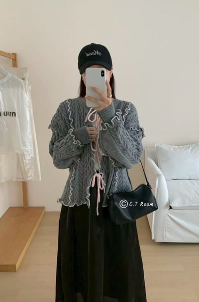 日系撞色捲邊綁帶針織毛衣3