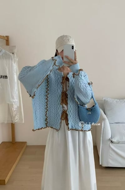 日系撞色捲邊綁帶針織毛衣1