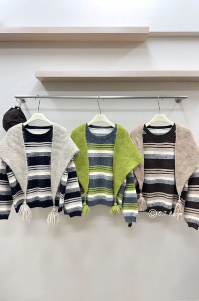 附披肩復古條紋針織毛衣5