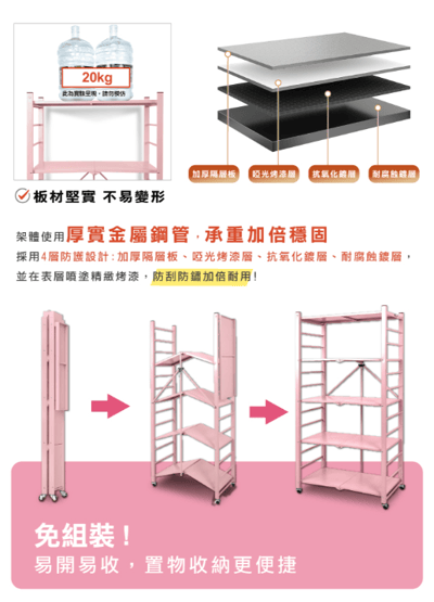 ANDYMAY2五層70寬_升級全碳鋼 洛克免組裝折疊置物架(廚房架/層架/收納架/鐵架/電器架)4
