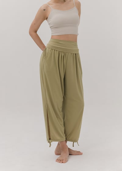 【6色】Sohamsoham 瑜珈側開岔綁帶束腳寬褲 橄欖綠 SOH001OLV3