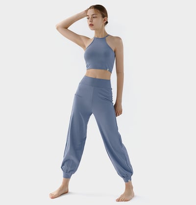 【熱銷】Conchwear 幕斯棉 瑜珈小寬鬆款束腳寬褲 繡球花藍 CON033BLU2