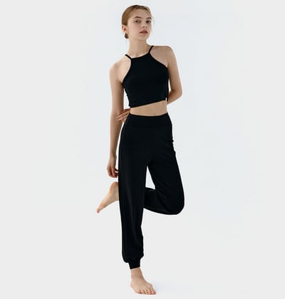 【熱銷】Conchwear 幕斯棉 瑜珈小寬鬆款束腳寬褲 經典黑 CON033BLK