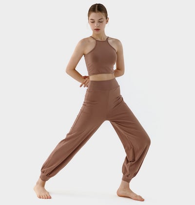 【熱銷】Conchwear 幕斯棉 瑜珈小寬鬆款束腳寬褲 粉磚啡 CON033BRN