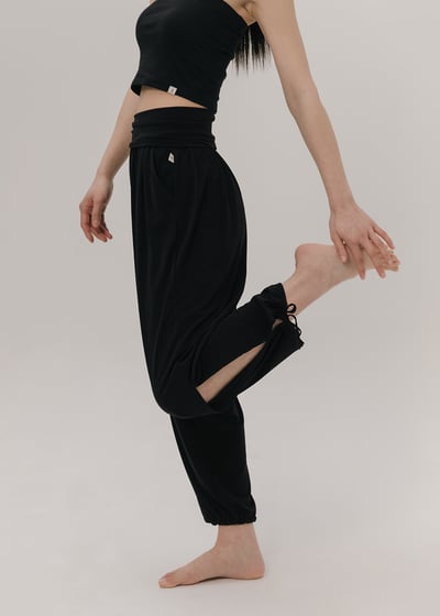 【6色】Sohamsoham 瑜珈側開岔綁帶束腳寬褲 黑色 SOH001BLK2