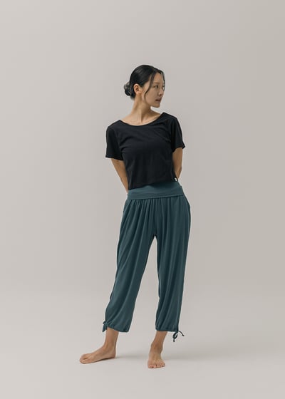 【6色】Sohamsoham 瑜珈側開岔綁帶束腳寬褲 孔雀綠 SOH001GRN2