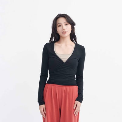 Dhyani 開襟長袖綁帶罩衫 黑色 CON133BLK1