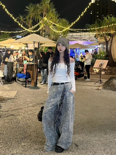 灰豹紋飄帶繭型牛仔褲3