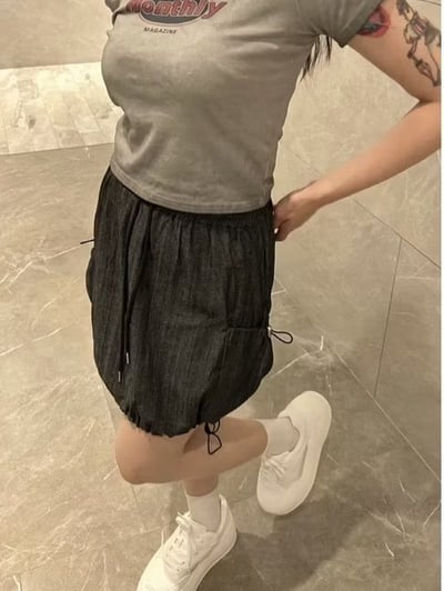 正韓 線條感刷色抽繩燈籠裙4