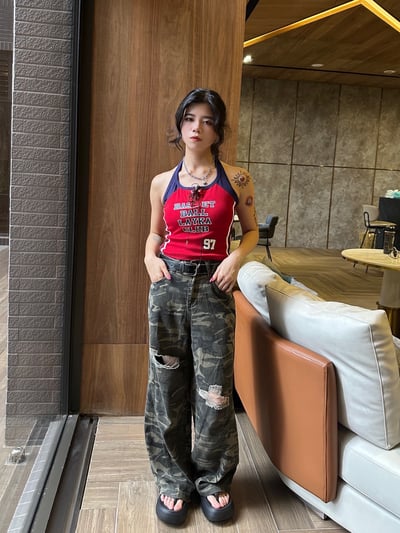 版型波棒迷彩刷破直筒褲(附皮帶)3