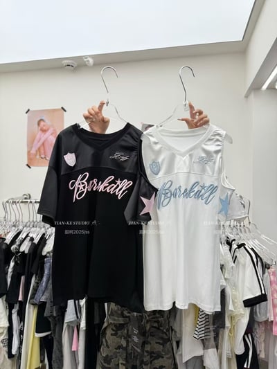 美式甜酷露肩緞面球衣12