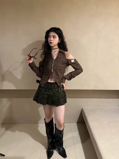 復古格紋挖肩襯衫7