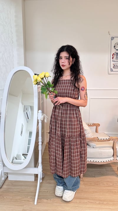 復古格紋吊帶洋9