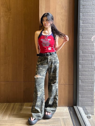 版型波棒迷彩刷破直筒褲(附皮帶)1