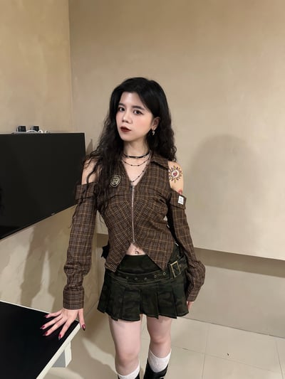 復古格紋挖肩襯衫2