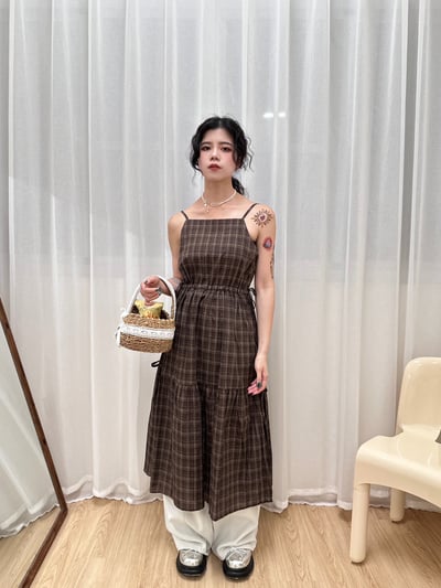 復古格紋吊帶洋1