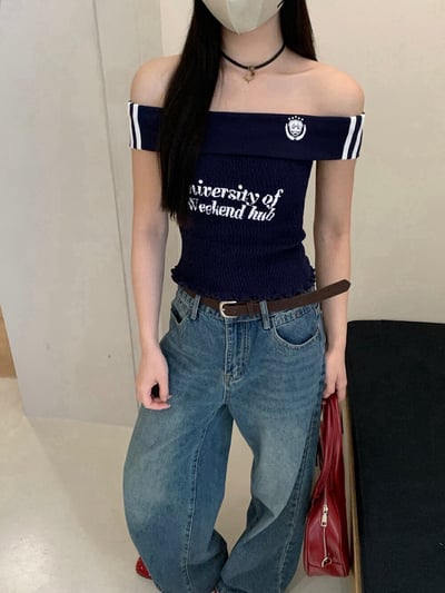 美式辣妹一字領T-shirt3