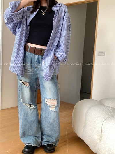 百搭必備刷破直筒牛仔褲8