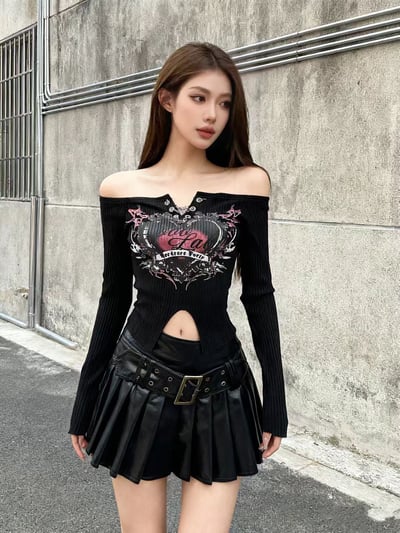 美式辣妹修身一字領上衣6