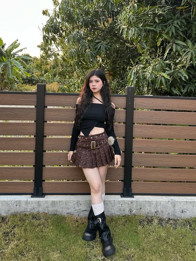 卯釘麂皮豹紋百褶裙2