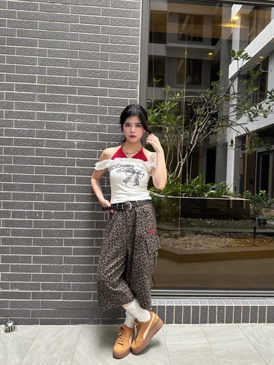 經典豹紋寬版七分褲(附皮帶)3