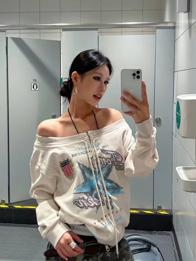 復古手繪星星一字領衛衣3