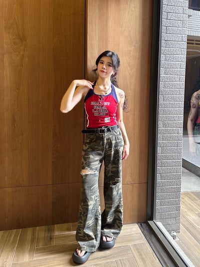 版型波棒迷彩刷破直筒褲(附皮帶)4