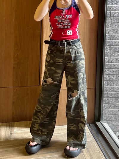 版型波棒迷彩刷破直筒褲(附皮帶)6