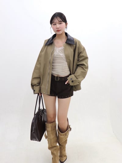 皮革領拼接滑面夾克2