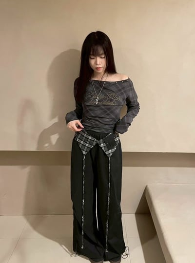 格紋拼接厚磅休閒褲9