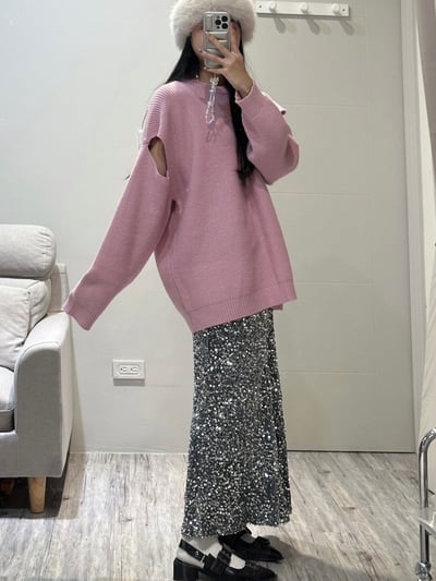 正韓 後磅挖洞設計寬鬆針織毛衣2