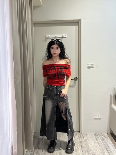 美式做舊字母一字領上衣4