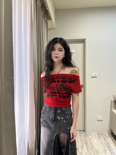 美式做舊字母一字領上衣5