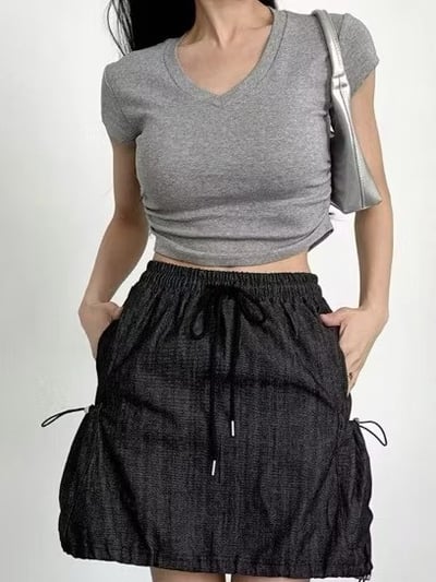 正韓 線條感刷色抽繩燈籠裙2