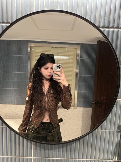 復古格紋挖肩襯衫8