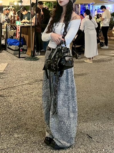 灰豹紋飄帶繭型牛仔褲2